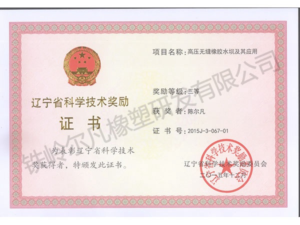 2015遼寧省科技獎勵(lì)：科技進(jìn)步三等獎-高壓無縫橡膠水壩及其應(yīng)用