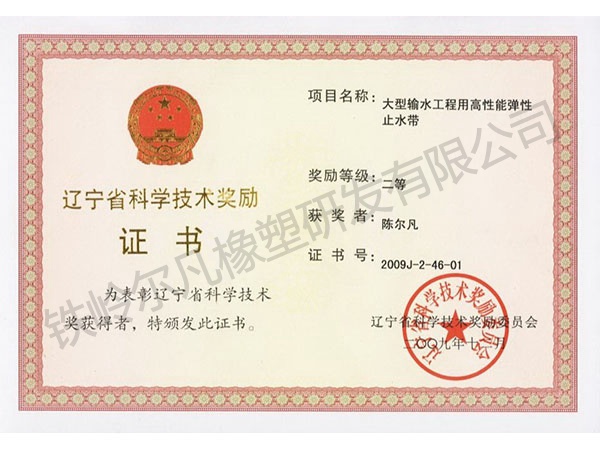 2009遼寧省科技獎勵：科技進(jìn)步二等獎-止水帶